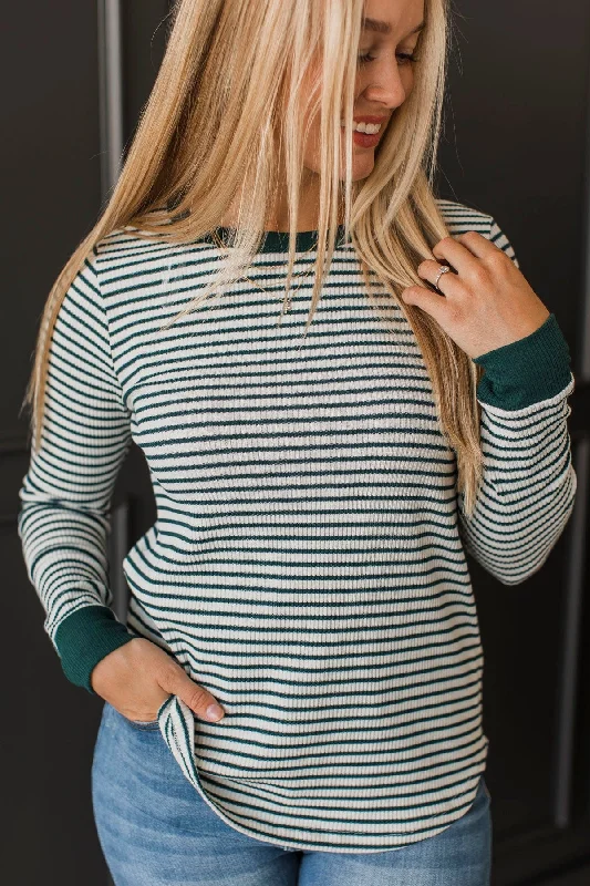 Completely Thriving Striped Top- Ivory & Hunter Green