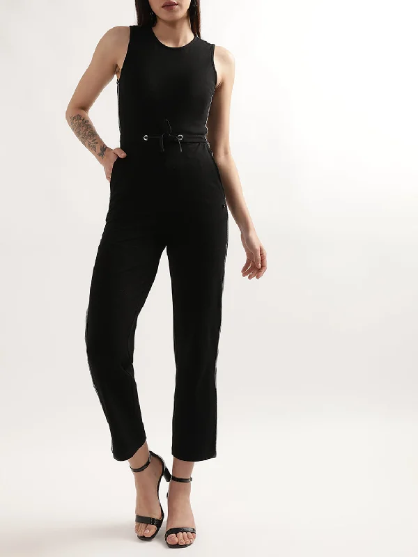 Elle Women Black Solid Round Neck Jumpsuit