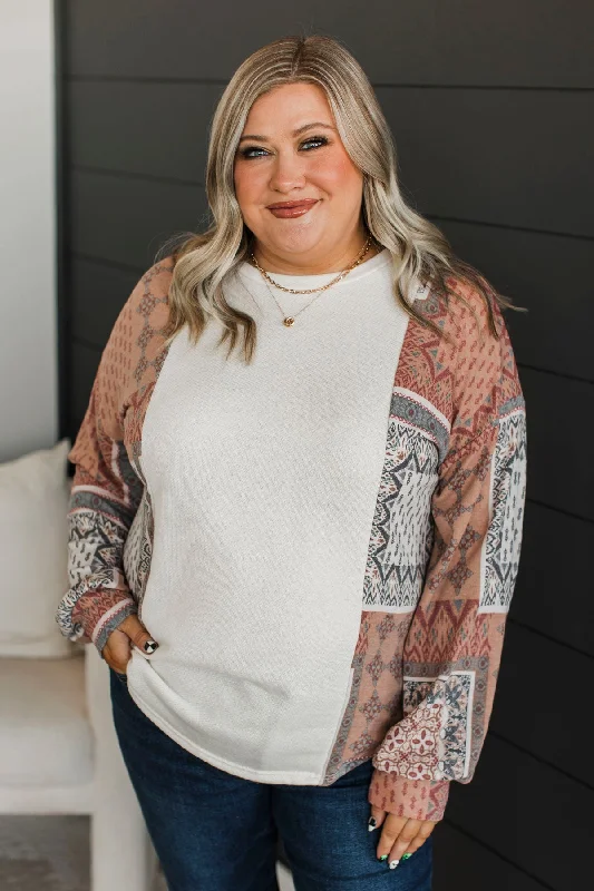 Perfect Views Print Sleeve Top- Cream & Brick