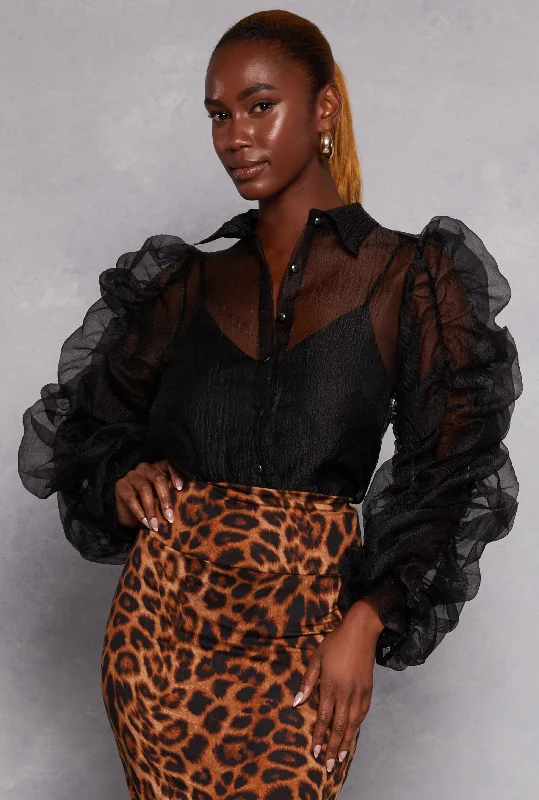 Organza Ruched Puff Sleeve Blouse