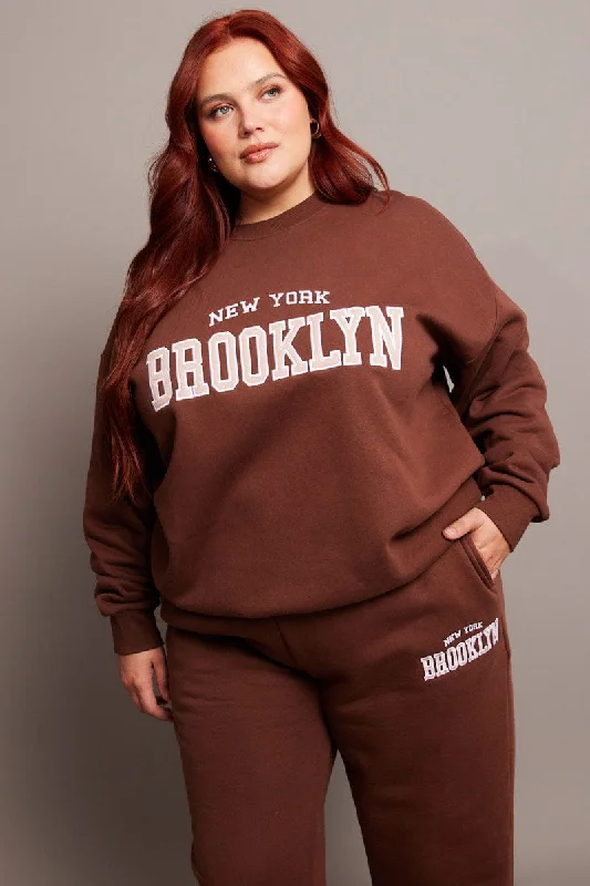 Brown Oversized Sweater Long Sleeve Crew Neck