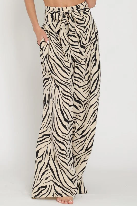 Alex High Waist Tie Zebra Print Wide Leg Pants Beige