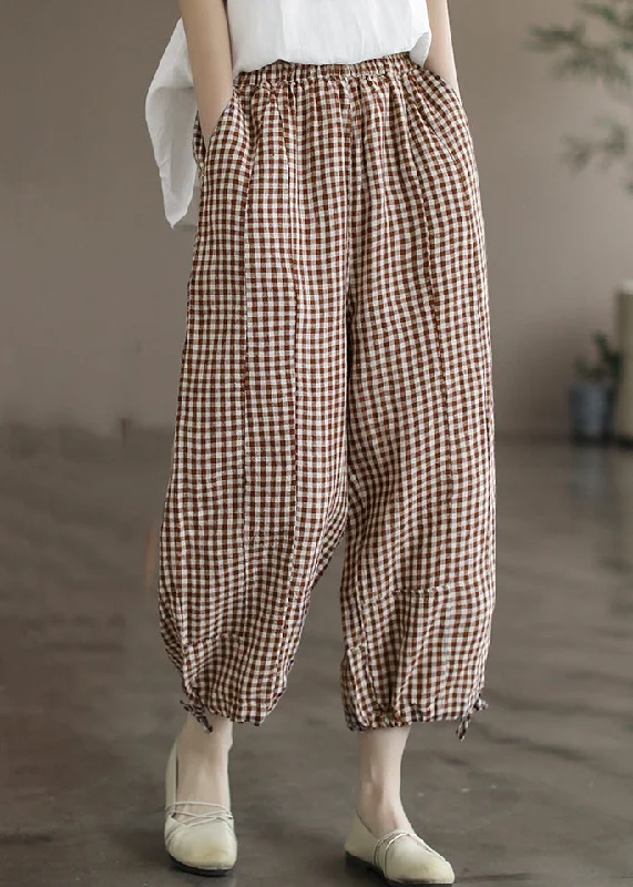 Loose Coffee Plaid Pockets Elastic Waist Linen Crop Pants Summer