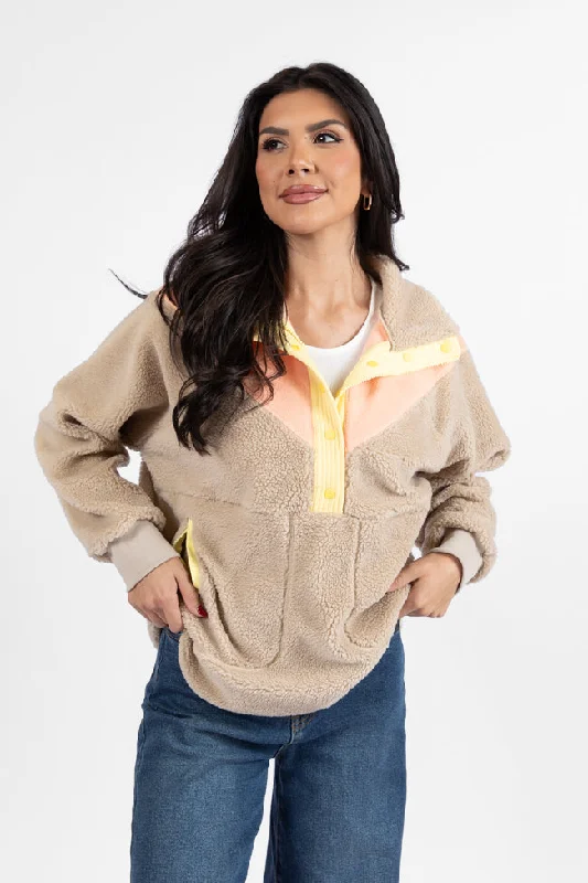 Good Feelings Beige Multi Colorblock Sherpa Pullover DOORBUSTER- Coming Soon