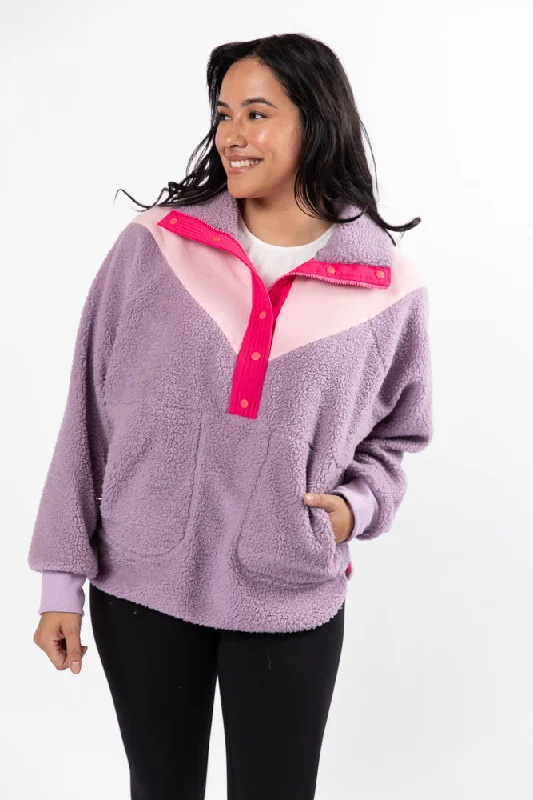 Good Feelings Purple Multi Colorblock Sherpa Pullover DOORBUSTER- Coming Soon