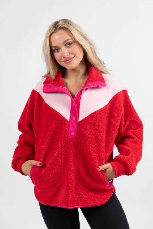 Good Feelings Red Multi Colorblock Sherpa Pullover DOORBUSTER- Coming Soon