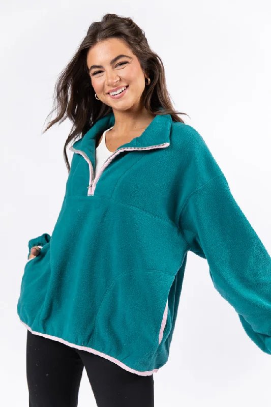 Outside The Box Jade and Pink Contrast Trim Fleece Pullover DOORBUSTER- Coming Soon