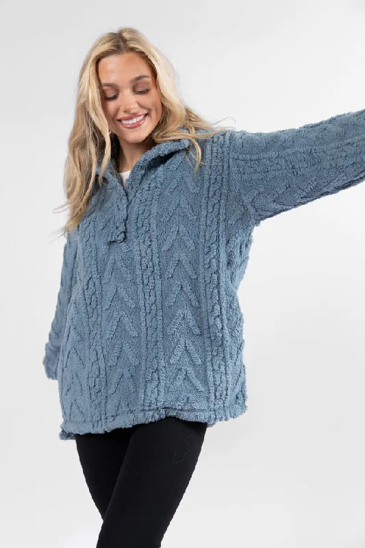 Take The Leap Blue Cable Detail Sherpa Pullover DOORBUSTER- Coming Soon