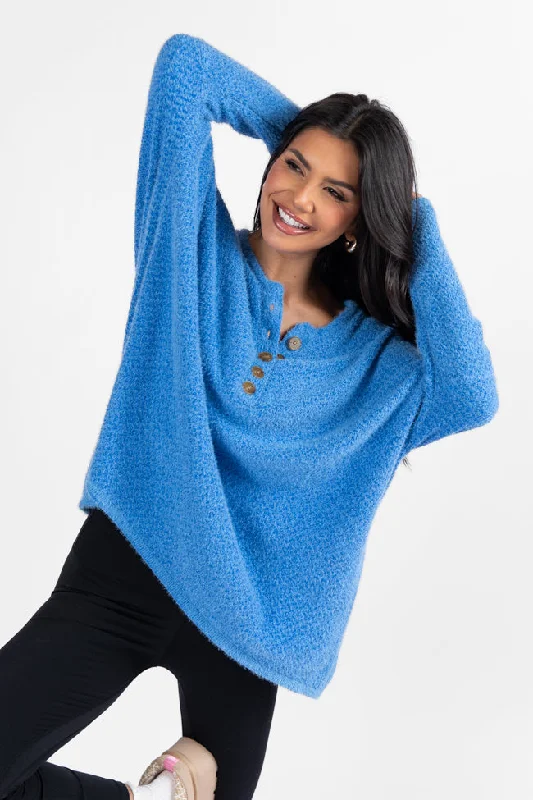 Thinking Of You Blue Fuzzy Henley Blouse DOORBUSTER- Coming Soon