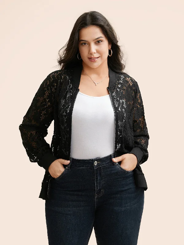 Lace Panel Zipper See Through Jacket