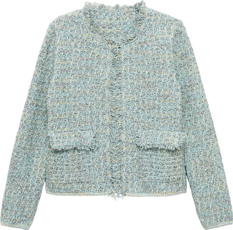 MANGO Blue Tweed Jacket With Frayed Ends UK M