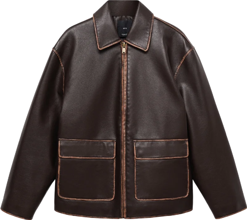 MANGO Brown Leather-effect Jacket With Contrast Stitching UK S