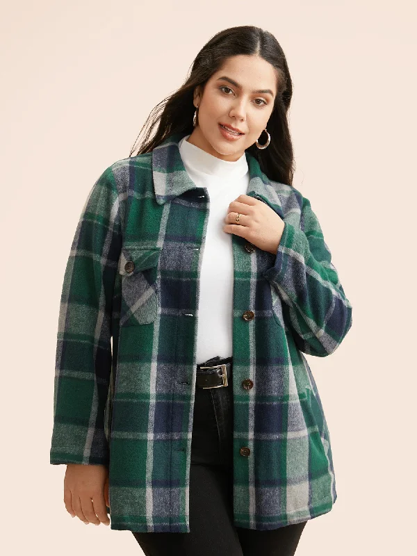 Plaid Shirt Collar Patched Pocket Jacket