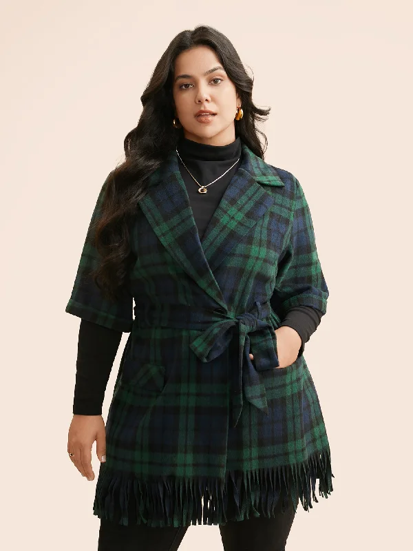 Plaid Tassel Trim Pocket Belted Jacket