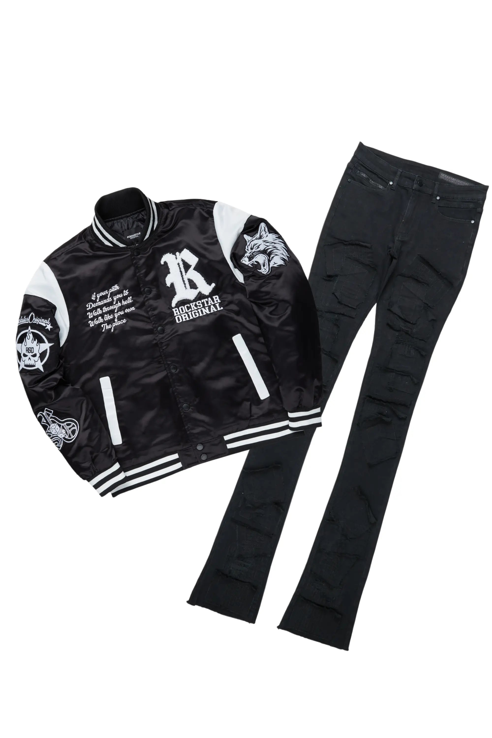 Geir Black Varsity Jacket & Camden Super Stacked Flare Jean Bundle