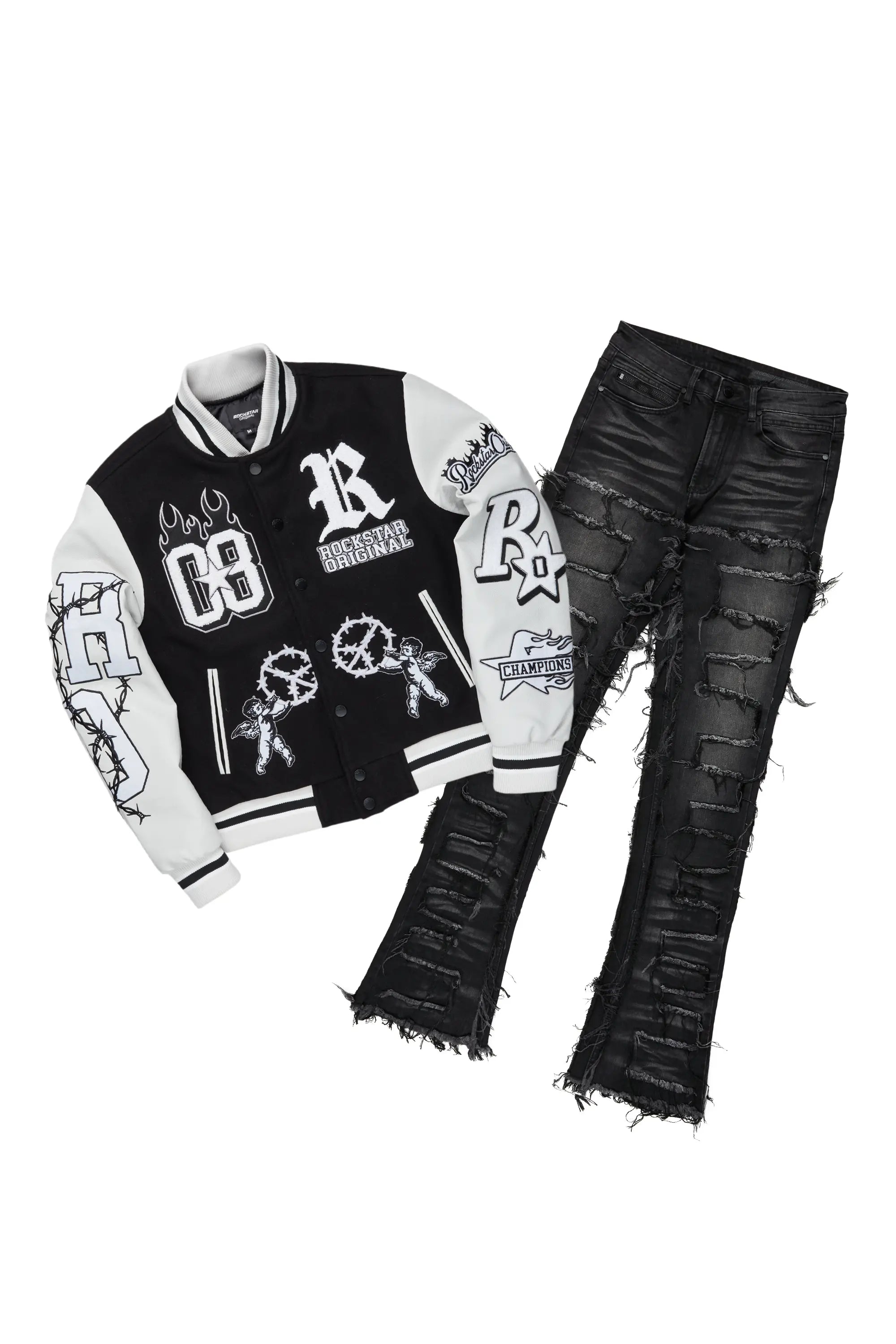 Rune Black Varsity Jacket & Shake Stacked Flare Jean Bundle