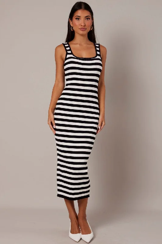 Beige Stripe Knit Midi Dress Sleeveless Scoop Neck Bodycon Rib