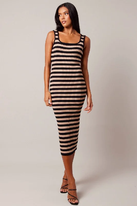 Beige Stripe Knit Midi Dress Sleeveless Scoop Neck Bodycon Rib