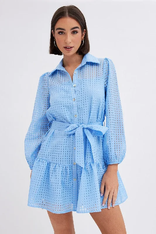 Blue Shirts Dress Mini Long Sleeve