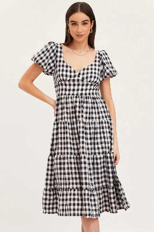 Check Midi Dress Short Sleeve Evening