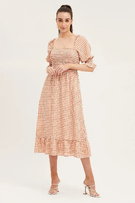 Check Shirred Bust Midi Dress