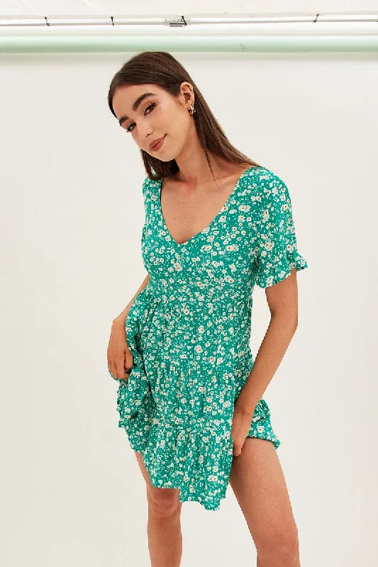 Floral Print Sun Dress Mini Short Sleeve V Neck