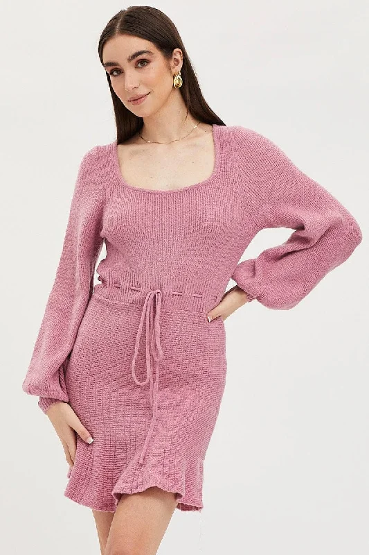 Pink Tie Up Dress Long Sleeve Mini