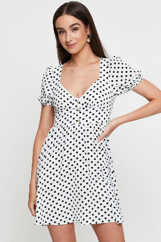 Polka Dot Mini Dress Short Sleeve Sweetheart Neckline