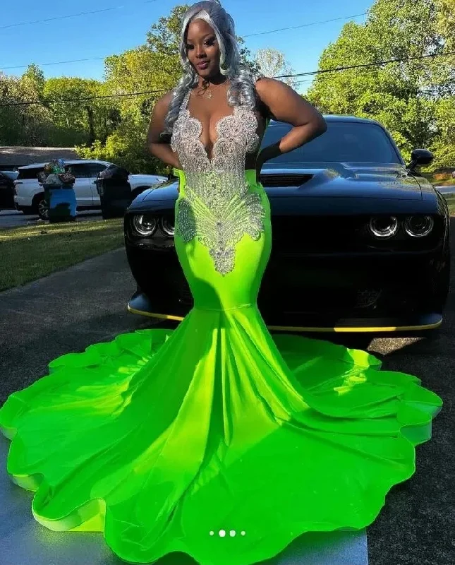 Green Sparkly Mermaid Prom Occasion Party Dresses for Black Girl Diamond Crystal Evening Birthday Gala Dress plus szie