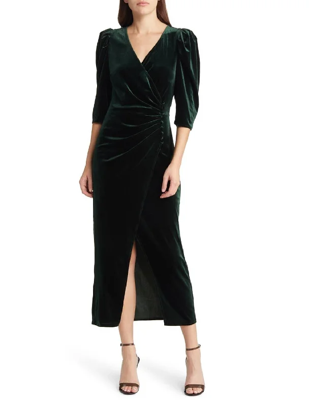 A-Line Mother of the Bride Dress Formal Wedding Guest Elegant Party V Neck Tea Length Velvet 3/4 Length Sleeve with Split Front