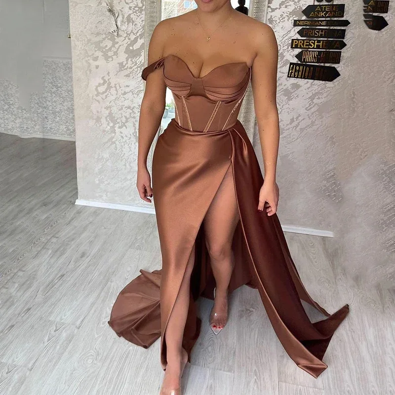 Chocolate Sweetheart Formal Evening Gowns Sexy Corset Prom Dresses Sexy Side Split Satin Evening Party Dress