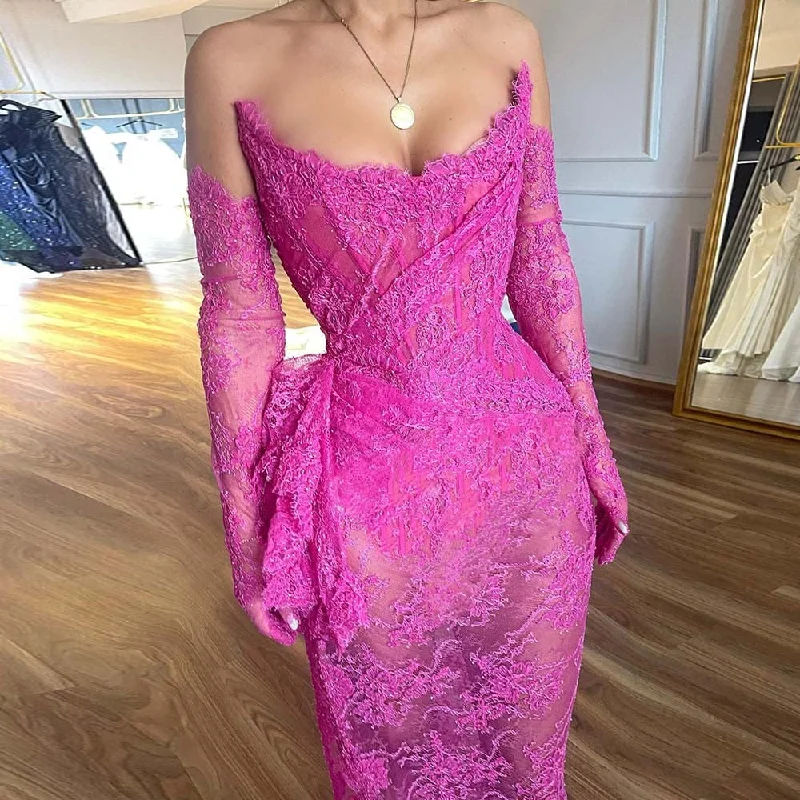 Hot Pink Prom Dresses V-Neck Sleeveless Lace Evening Gowns Sleeveless High Quality Illusion Sexy Mermaid Formal Party Dress