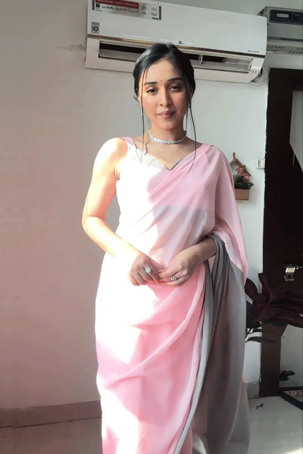 Pre Stitched Baby Pink Saree For Farewell Party