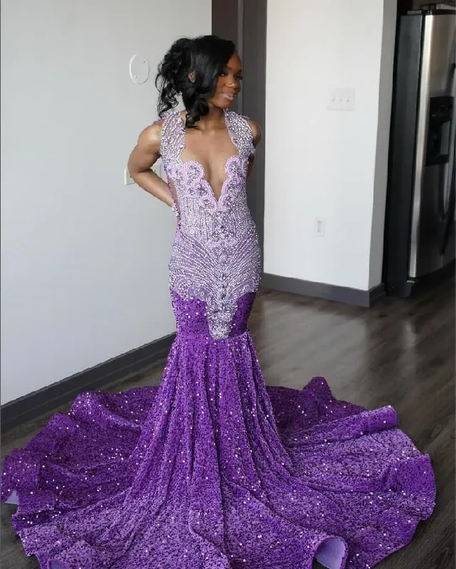 Purple Sparkly Long Mermaid Prom Birthday Gala Dresses for Black Girl 2024 Luxury Diamond Velvet Sequins Evening Ceremony Gown