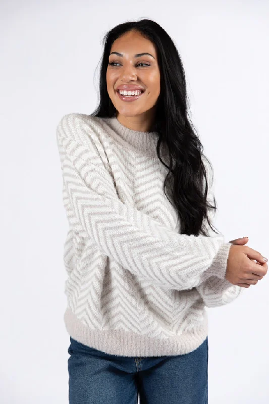 All That You Are Beige Fuzzy Herringbone Mock Neck Sweater