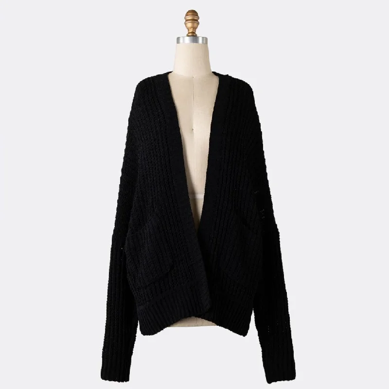 Chenille Cable Knit Cardigan (Black)