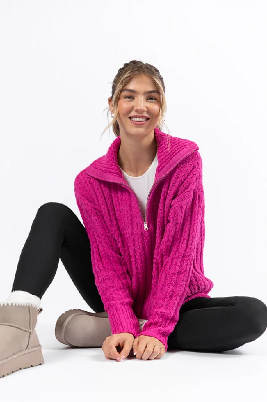 Forever Yours Magenta Cable Knit Chenille Quarter Zip Sweater