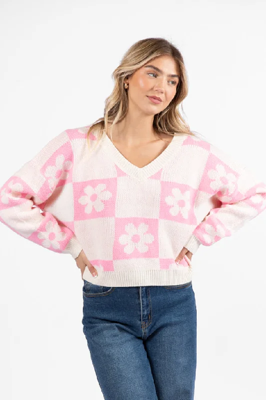 Found A New Way Pink V-Neck Checkered Flower Sweater