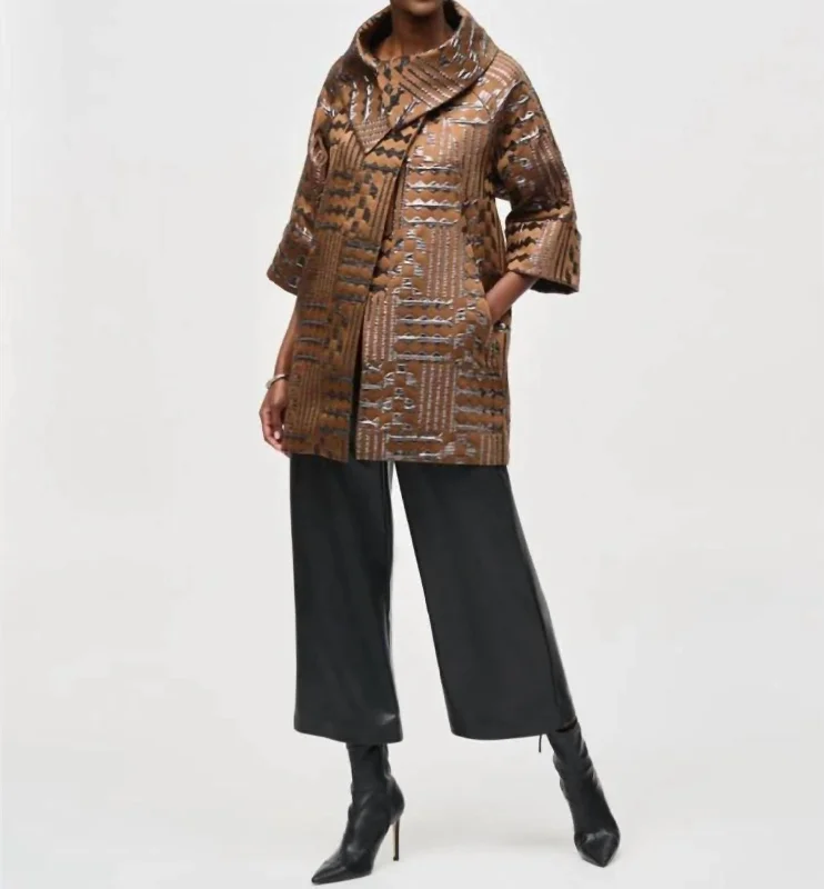 Geometric Print Metallic Coat In Brown/Grey