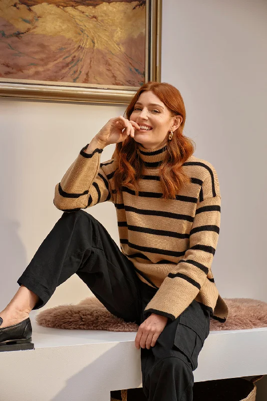 Striped Flare Sleeve Roll Neck Jumper