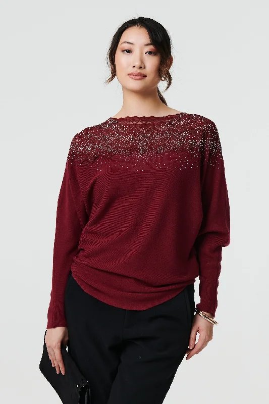 Lace Trim Batwing Long Sleeve Jumper