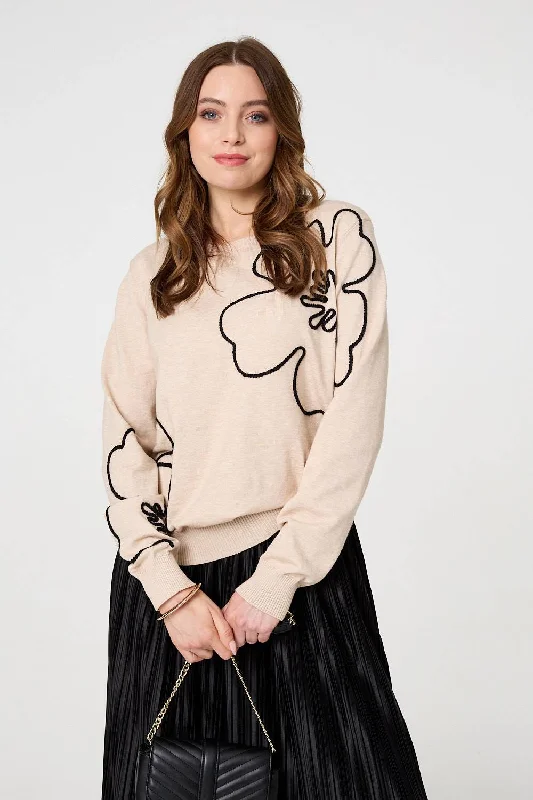 Floral Detail Long Sleeve Relaxed Jumper