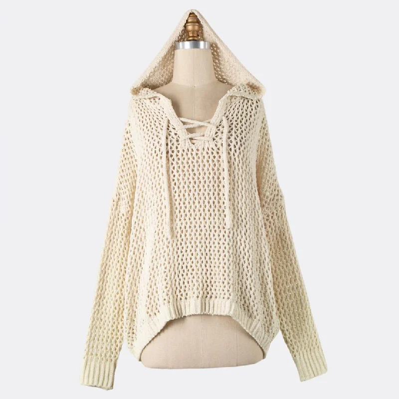 Lace Up Open Cable Knit Chenille Hoodie Sweater (Beige)