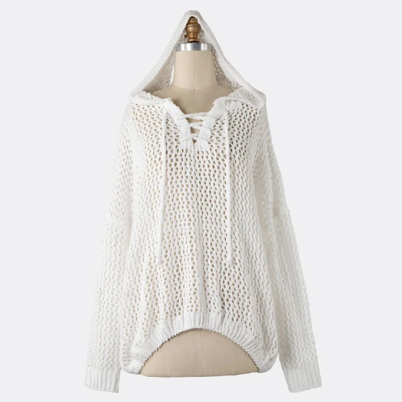 Lace Up Open Cable Knit Chenille Hoodie Sweater (White)