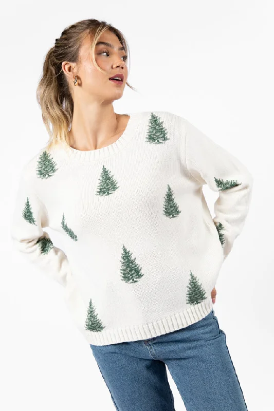 One Pine Gal Ivory And Green Christmas Tree Print Sweater