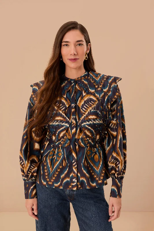 Blue Pineapple Ikat Long Sleeve Matelasse Blouse